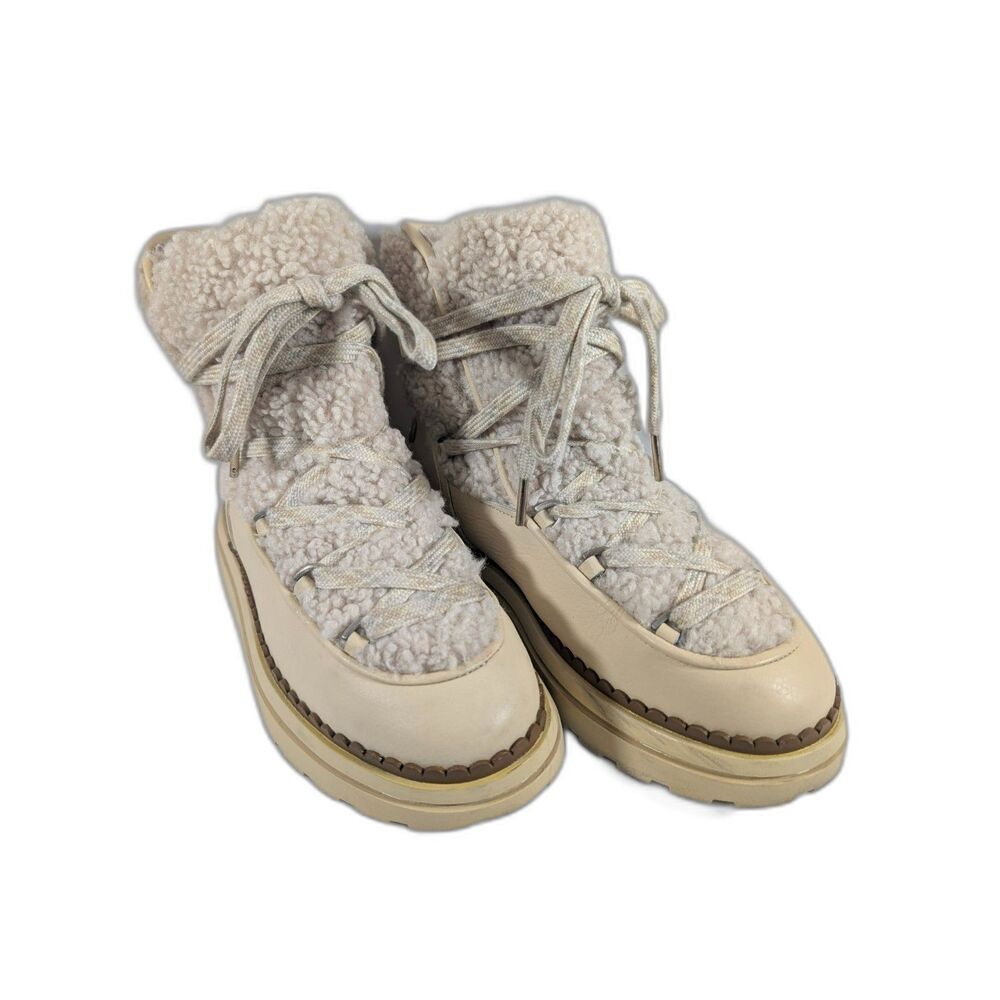 Sam Edelman Orelia Sherpa Casual Hiking Boots Womens 6 Cream Leather Lace Up